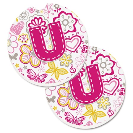 Carolines Treasures Letter U Flowers and Butterflies Pink Set of 2 Cup Holder Car Coaster CJ2005-UCARC